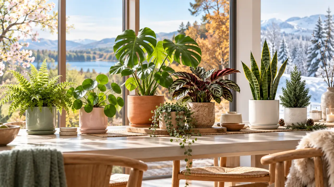 Collection de pots en céramique colorés accueillant des plantes d'intérieur au fil des saisons