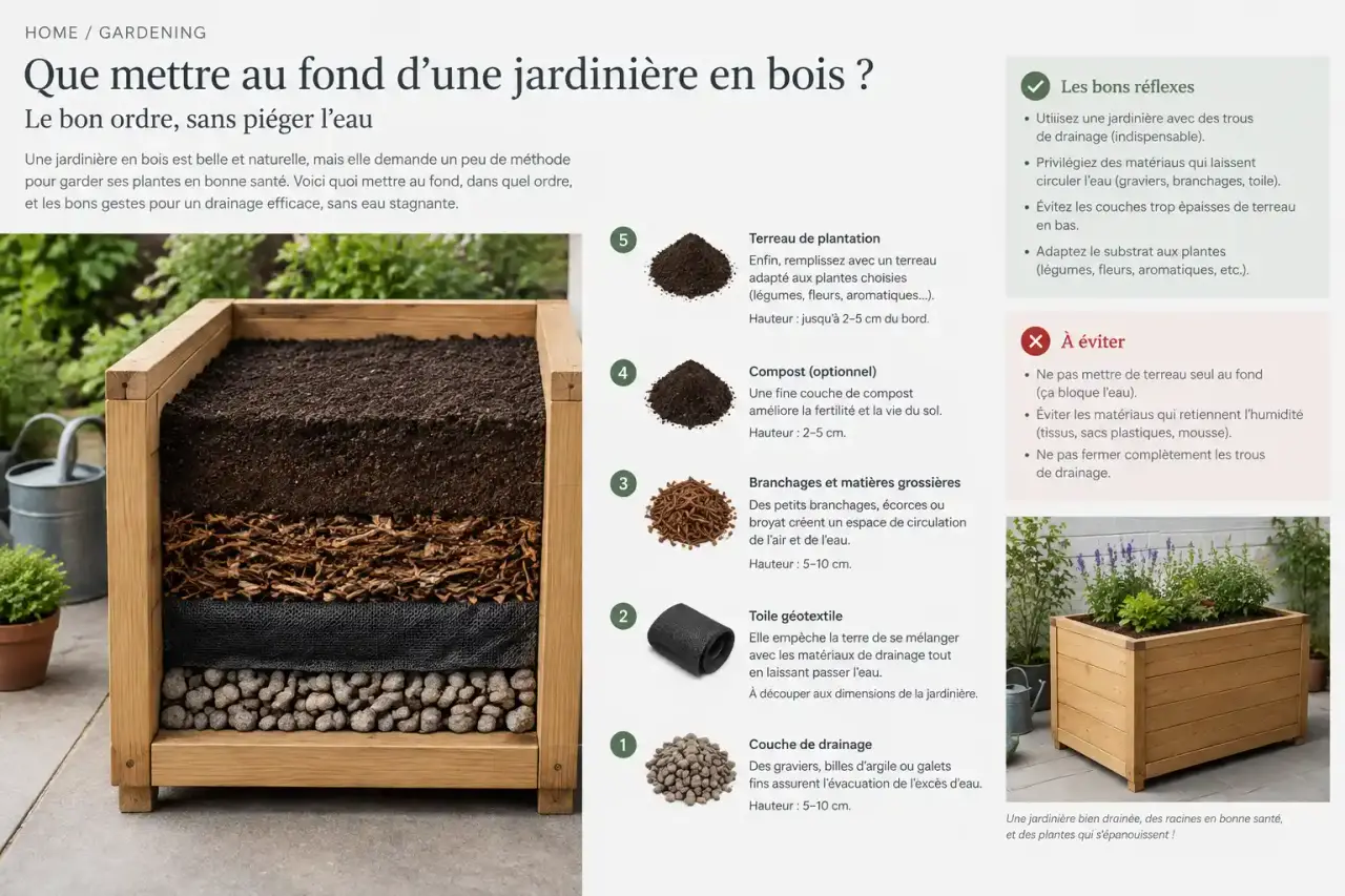 Que mettre au fond d’une jardinière en bois ? Le bon ordre, sans piéger l’eau