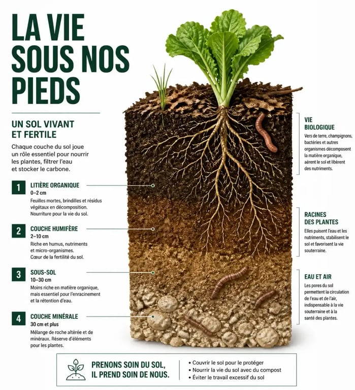 Illustration d'un livre de jardinage expliquant la structure du sol et la permaculture