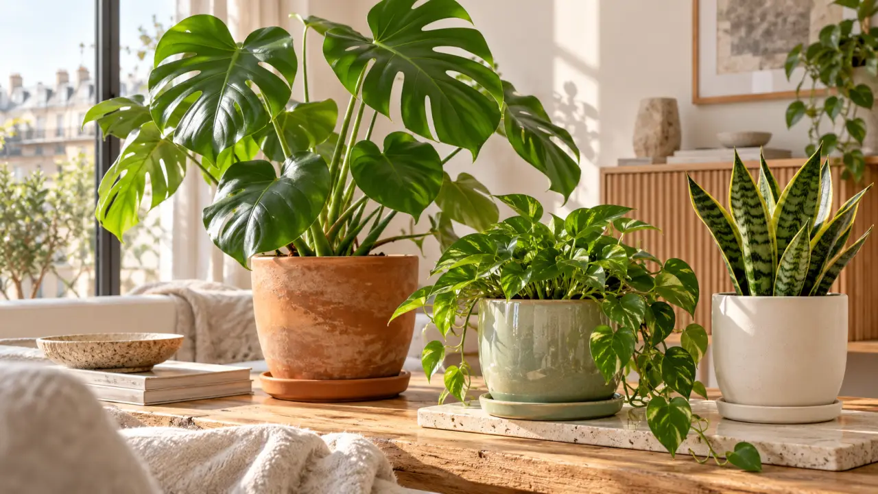 Plante d'intérieur installée dans un pot en céramique coloré