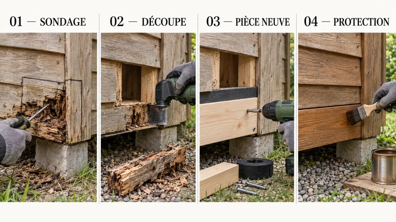 Étapes pour réparer une cabane de jardin bois pourri avec découpe, pièce rapportée et protection de la base