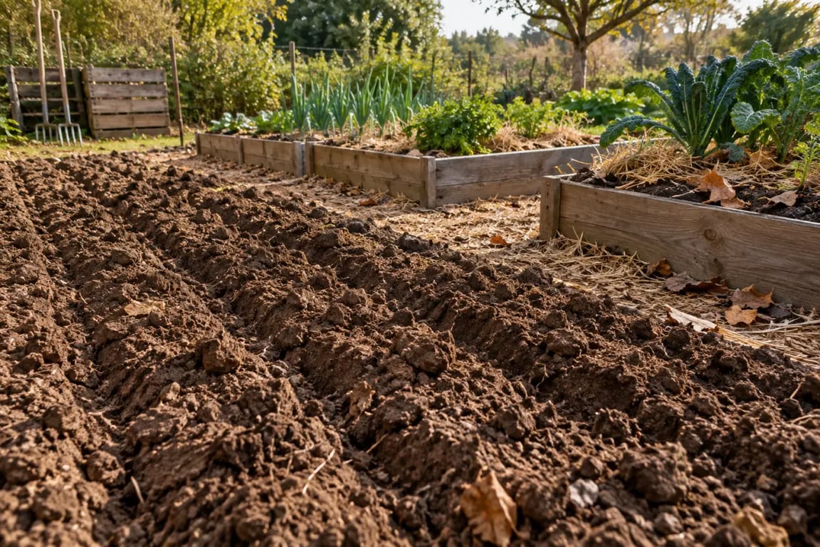 Potager en terre argileuse avec planches surélevées et paillage