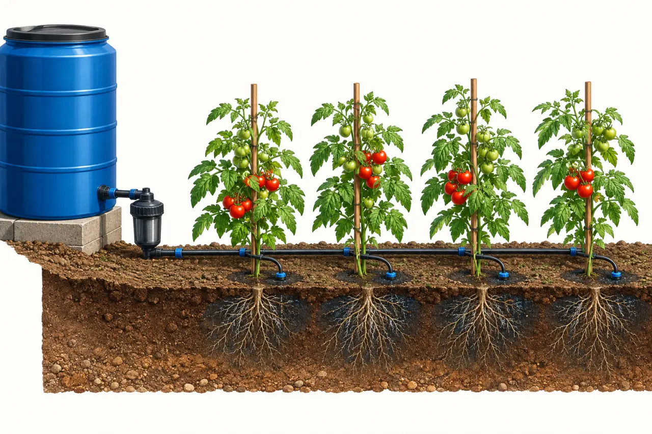 Installation de goutte à goutte tomates avec réserve, filtre, tuyau et goutteurs près des racines