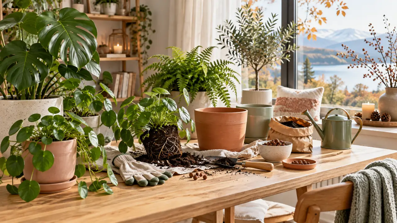 Rempotage d'une plante d'intérieur dans un joli pot en céramique