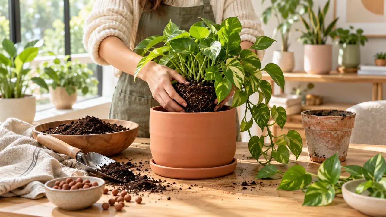 Rempotage d'une plante d'intérieur dans un pot en céramique lumineux