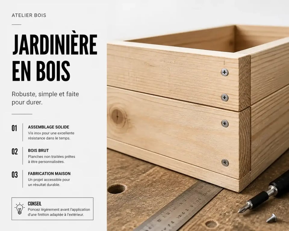Jardinière en bois fait maison assemblée avec vis inox visibles sur un établi