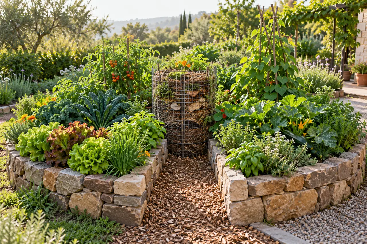 Keyhole garden : un composteur au centre, des légumes à portée de main