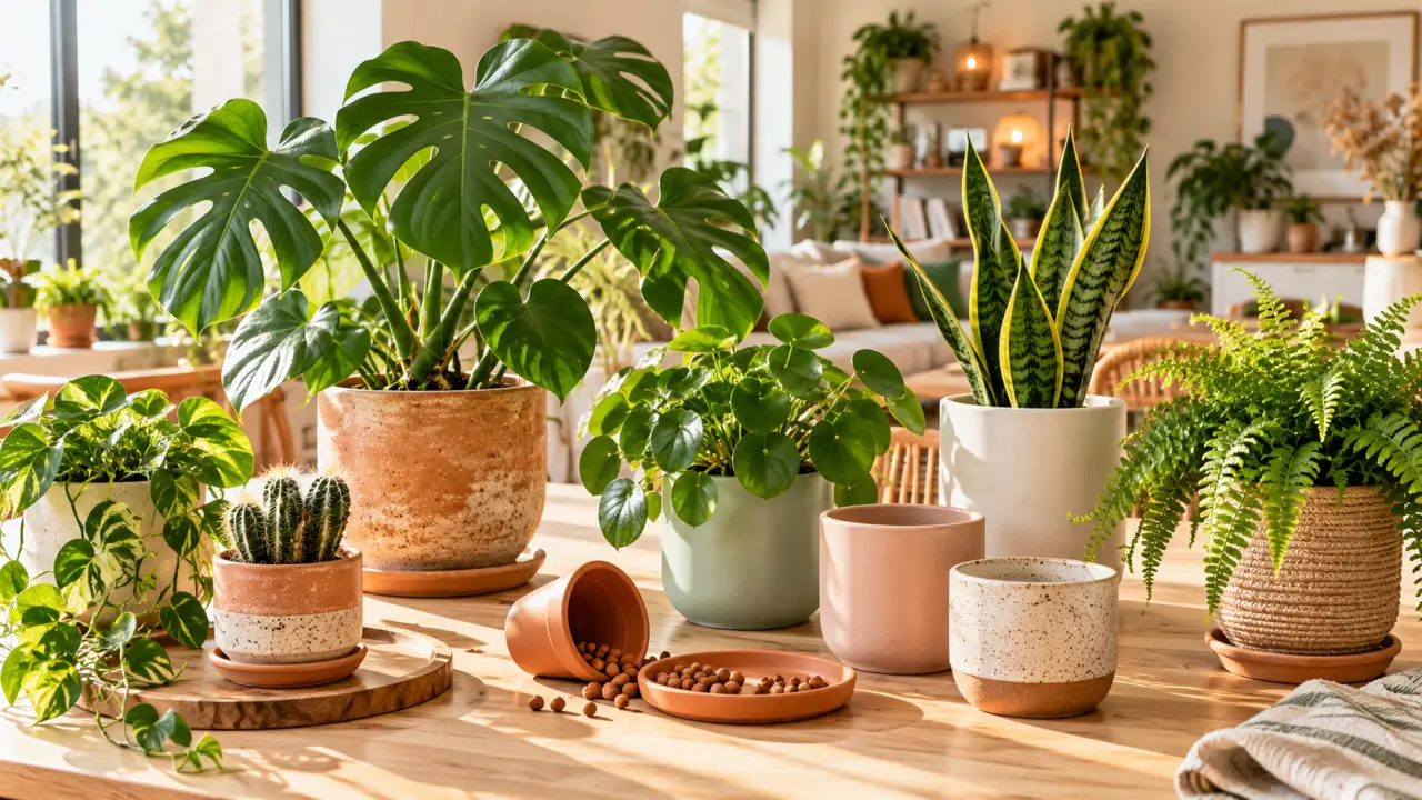 Plantes d'intérieur installées dans des pots en céramique colorés