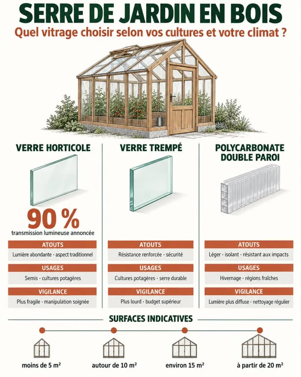 Infographie comparative d’une serre de jardin bois selon le vitrage et la surface
