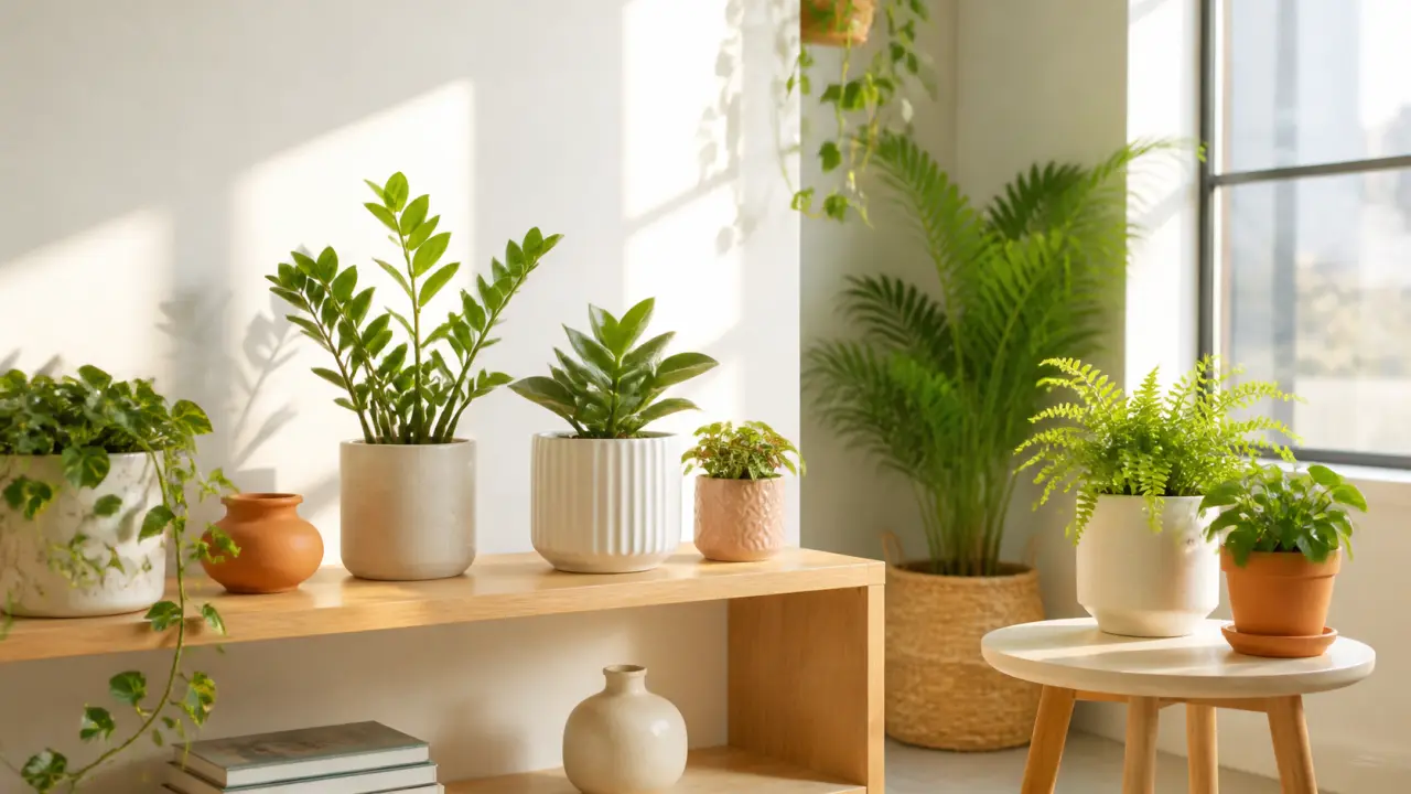 Cuisine lumineuse avec des pots en céramique colorés et des plantes d’intérieur