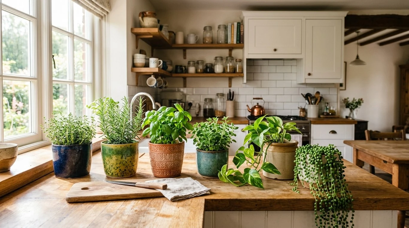 Une cuisine lumineuse avec de magnifiques pots en céramique colorés contenant des herbes aromatiques