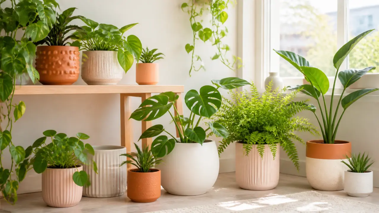 Cuisine lumineuse avec des pots en céramique colorés et des plantes d'intérieur