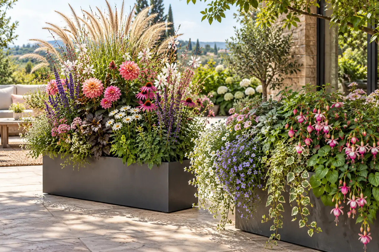 Fleurs pour jardinière : du volume au soleil, des cascades à mi-ombre