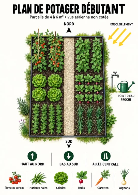 Infographie d'un plan de potager débutant de 4 à 6 m² avec allées, exposition et légumes faciles