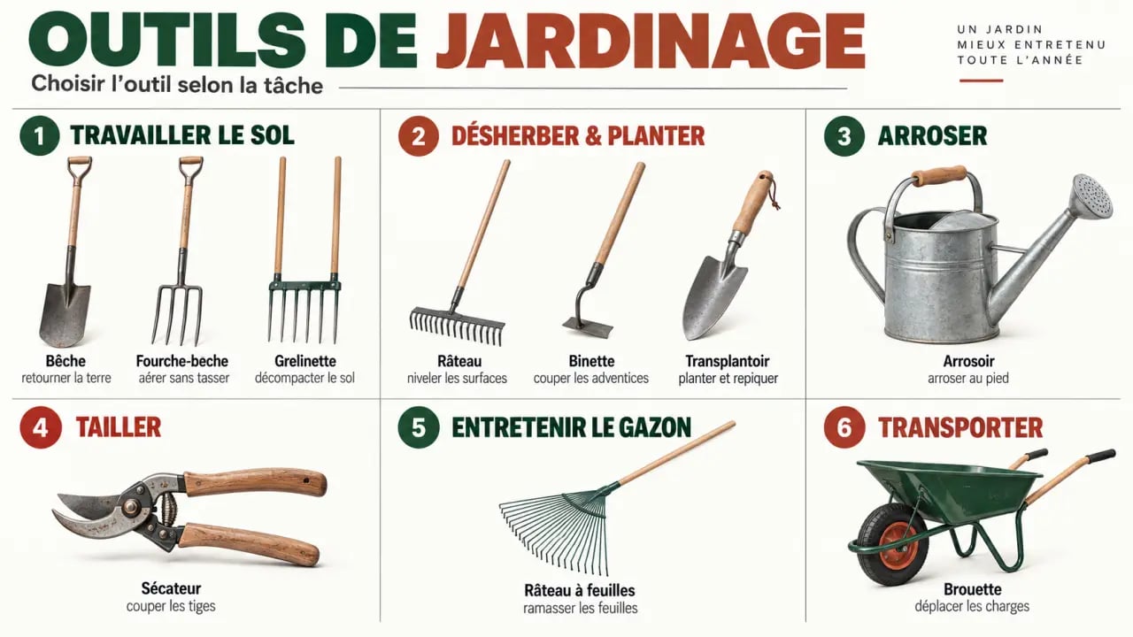 Outils jardinage liste : principaux outils classés par fonction