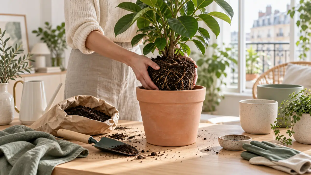 Rempotage d'un ficus dans un pot en céramique sur une table lumineuse