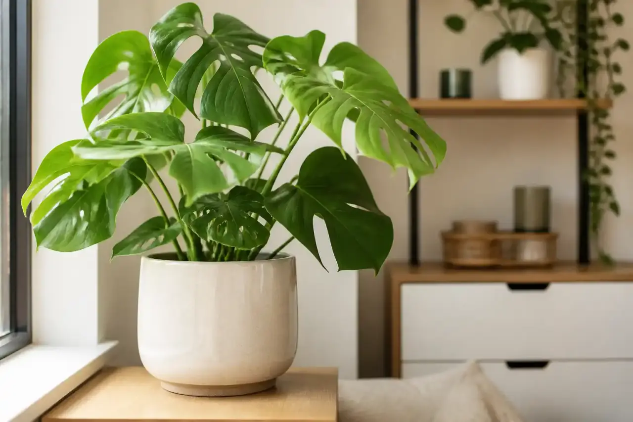 Monstera installé dans un cache-pot en céramique dans une cuisine lumineuse