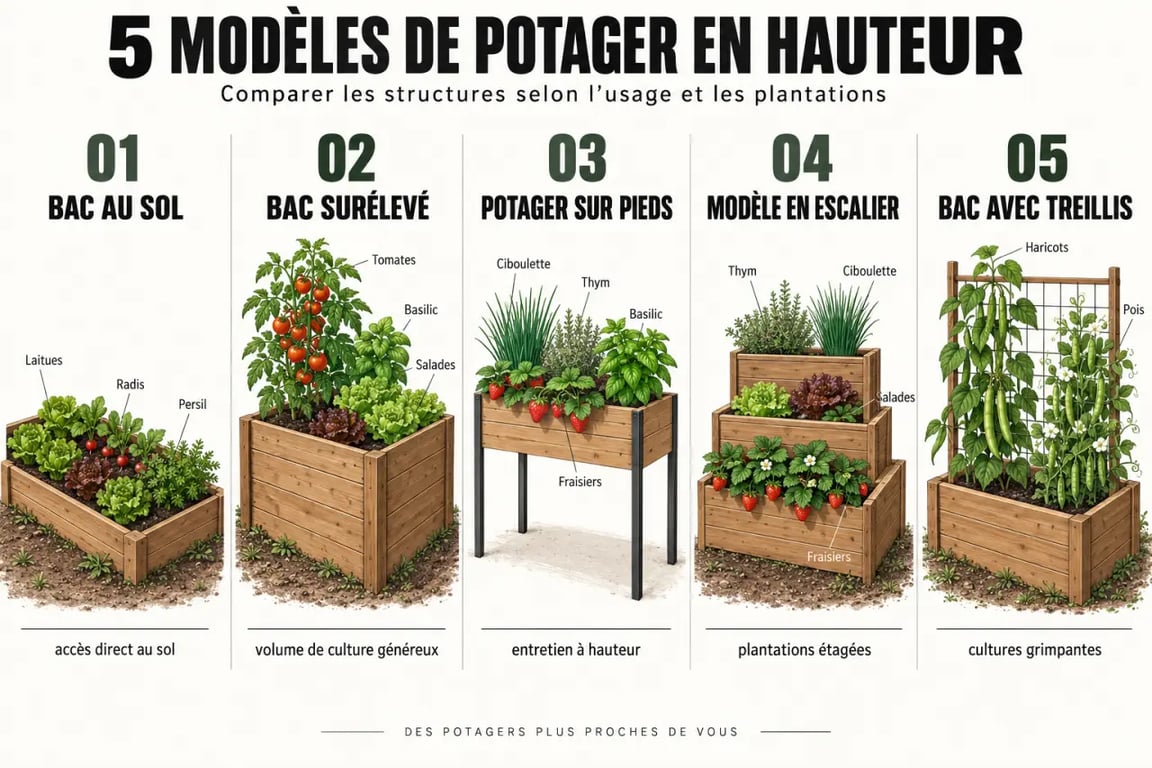 Infographie comparative des modèles de potager en hauteur
