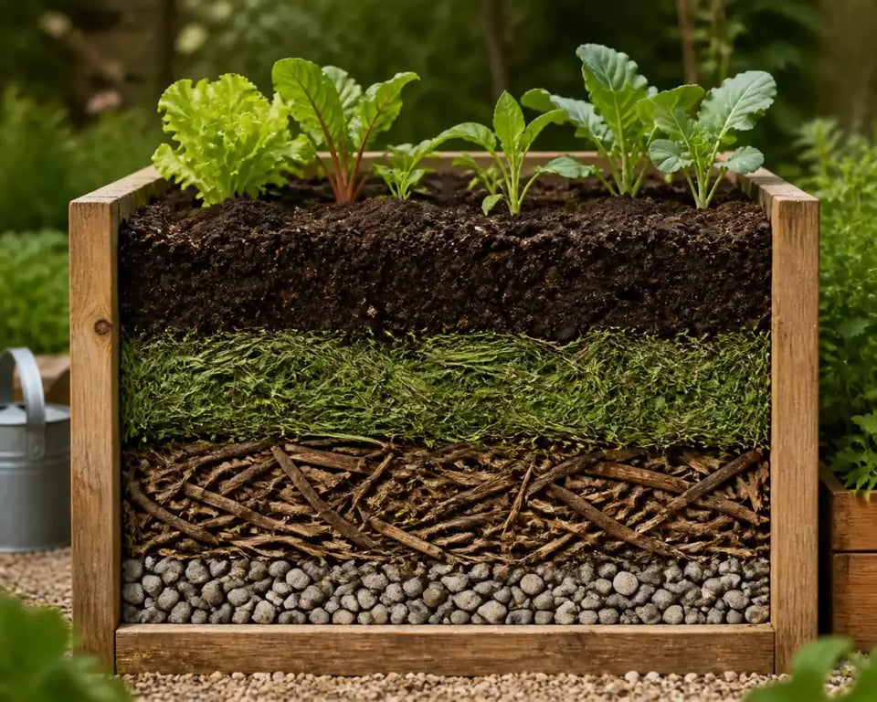 Coupe d'un bac à potager montrant les quatre couches de remplissage en lasagne gardening
