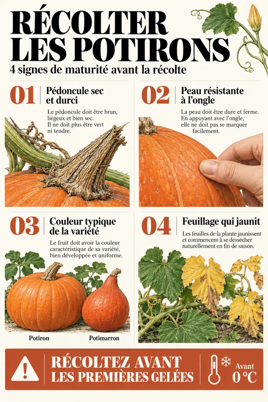 Infographie pour savoir quand récolter les potirons et potimarrons selon les signes de maturité