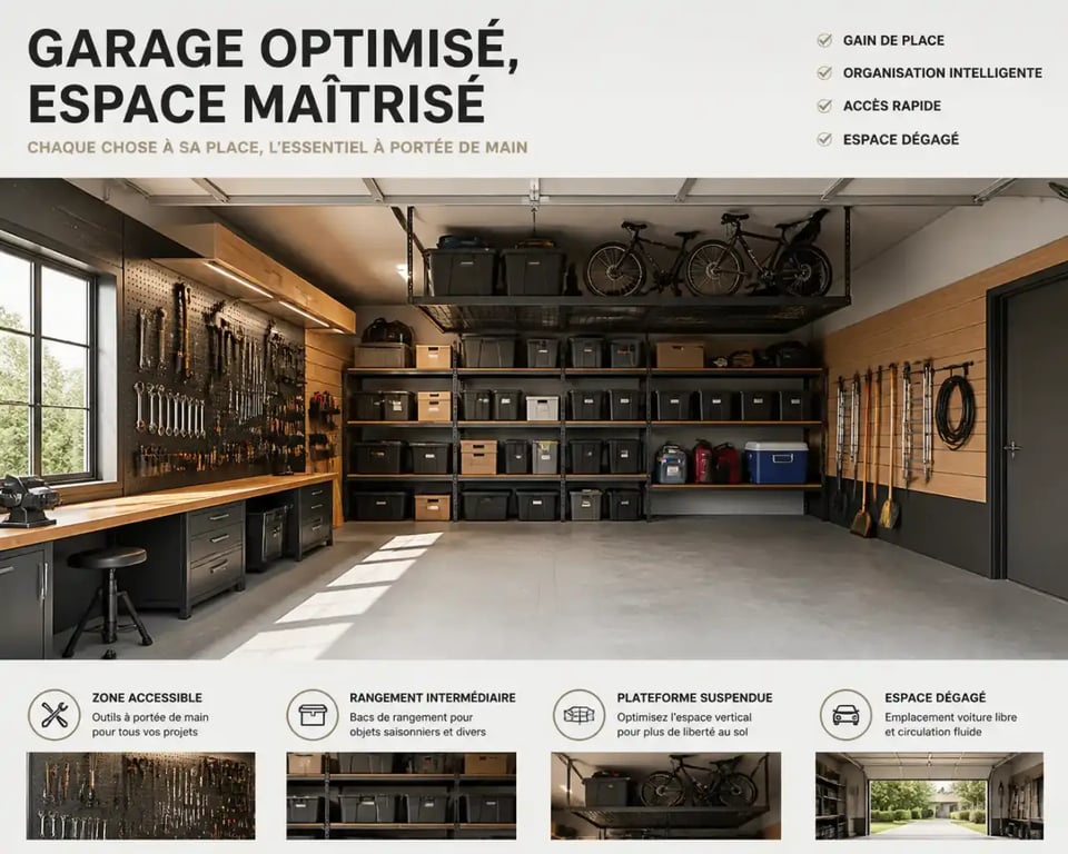 optimisation rangement garage avec zones par fréquence d'usage et rangements muraux