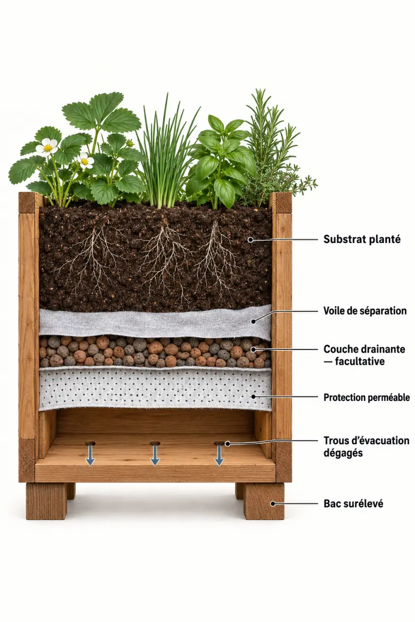 Que mettre au fond d'une jardinière en bois : ordre des couches et évacuation de l'eau