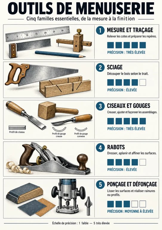 Infographie des principales familles d’outils pour menuiserie et de leurs usages