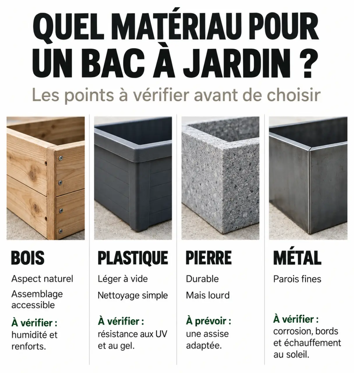Infographie comparative des matériaux pour choisir un bac à jardin en bois, plastique, pierre ou métal