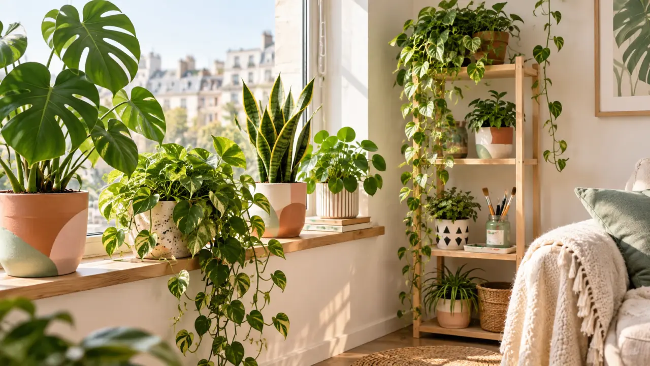 Collection de pots de plantes relookés dans un intérieur lumineux et végétalisé