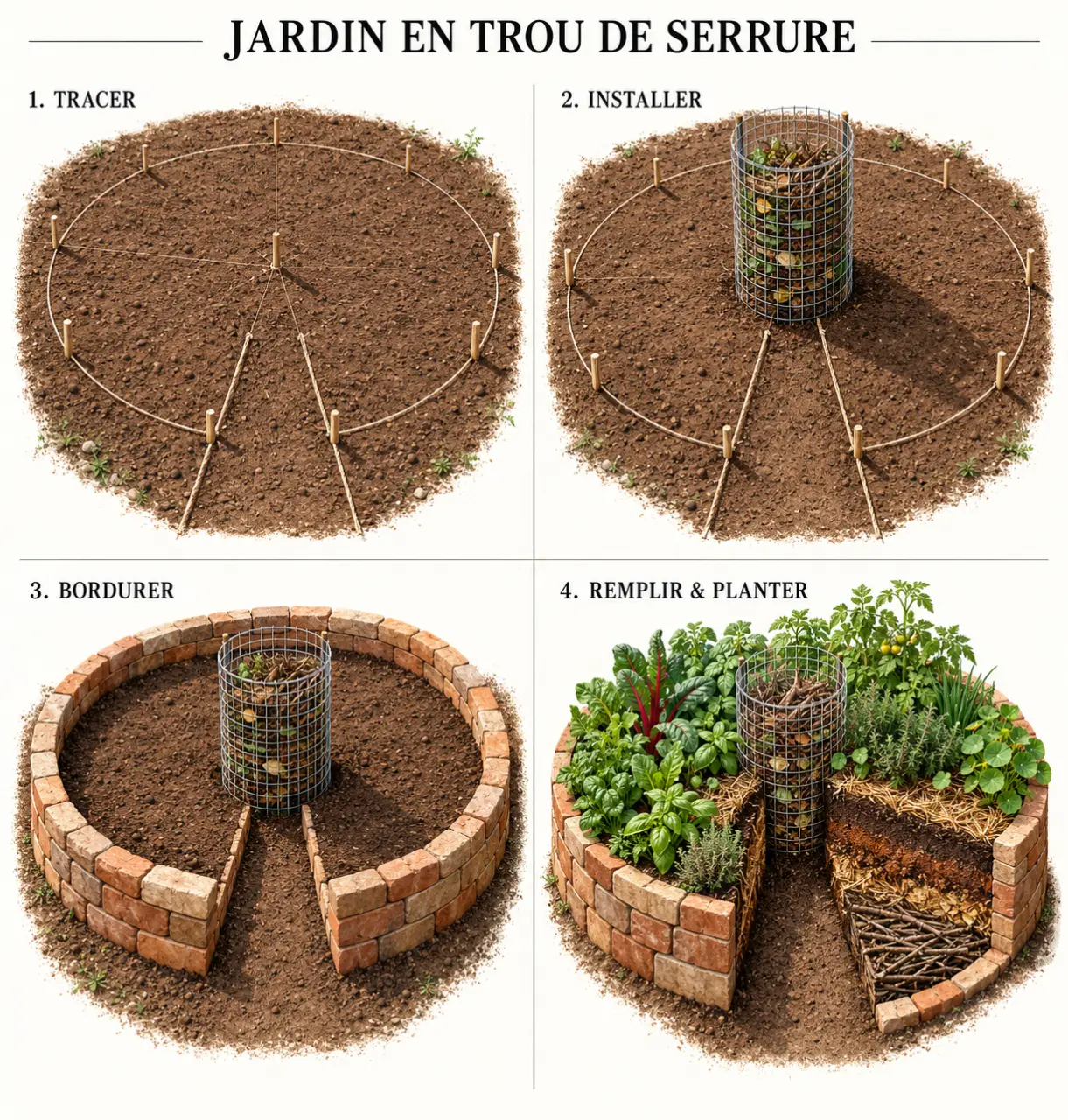 Illustration des étapes de construction d’un keyhole garden avec composteur central