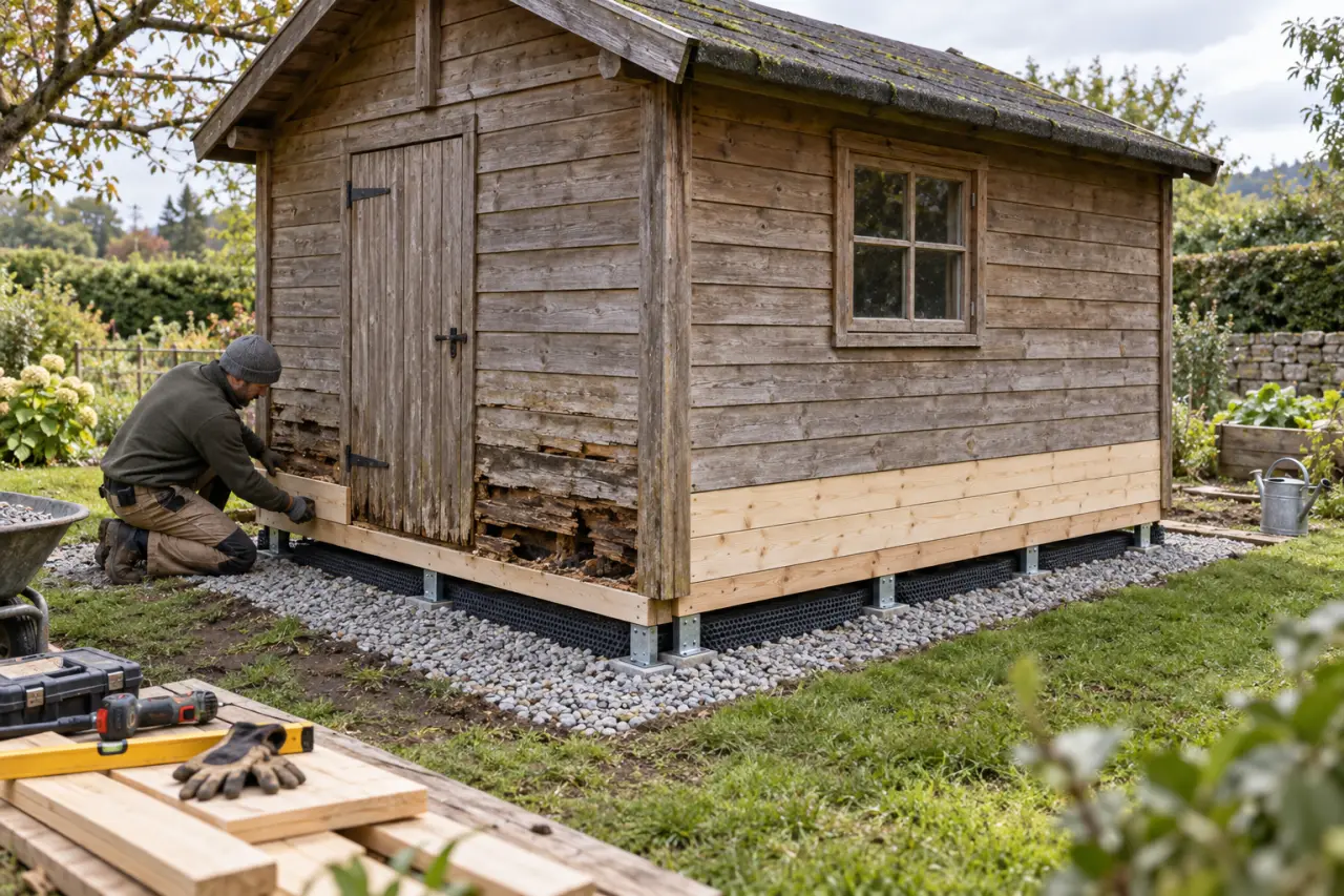 Réparer une cabane de jardin en bois pourri : commencez par la base et stoppez l’humidité