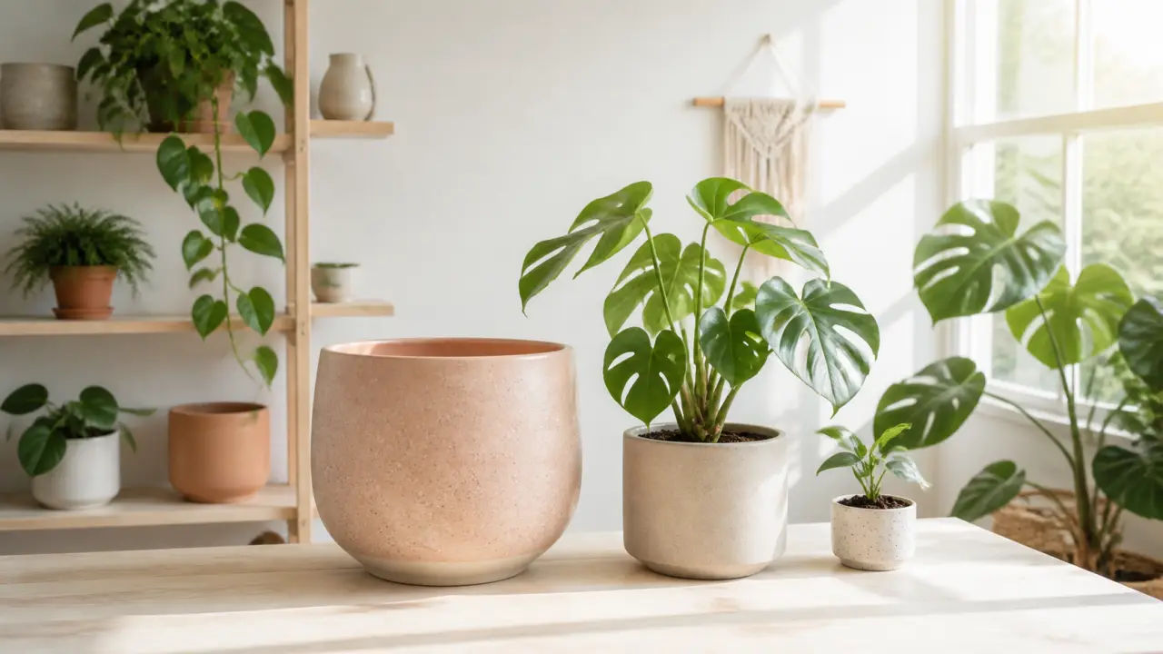 Cuisine lumineuse avec plusieurs pots en céramique colorés et des plantes d'intérieur