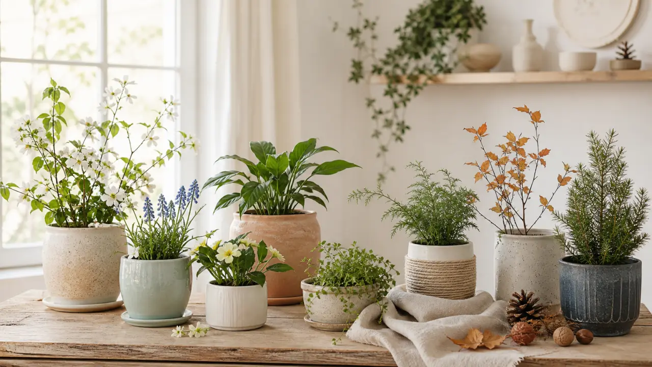 Cuisine lumineuse avec des pots en céramique colorés et des plantes d'intérieur
