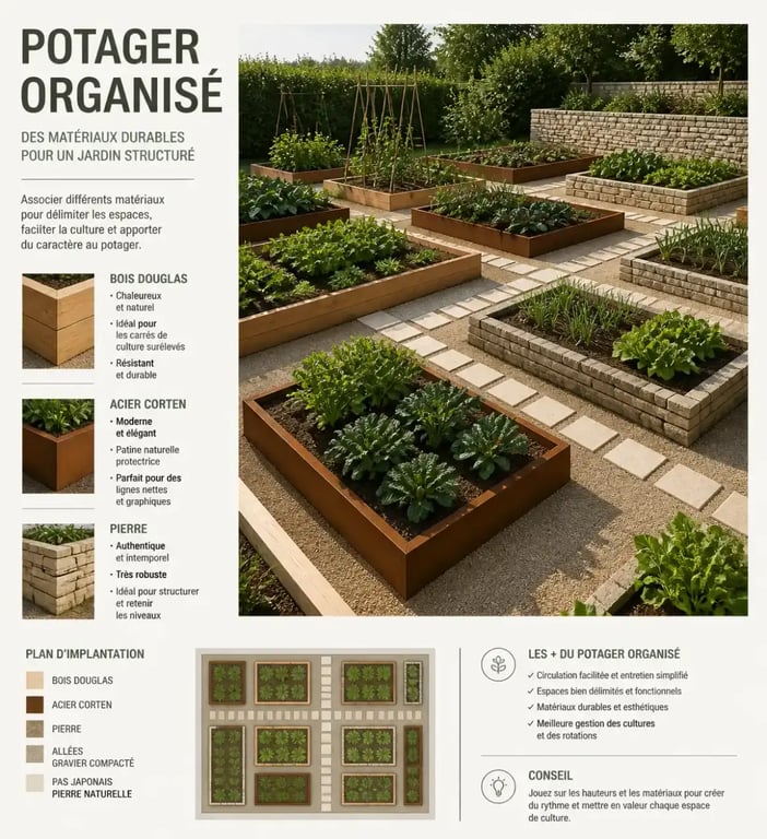 Potager organisé avec différents types de bordure potager en bois et métal