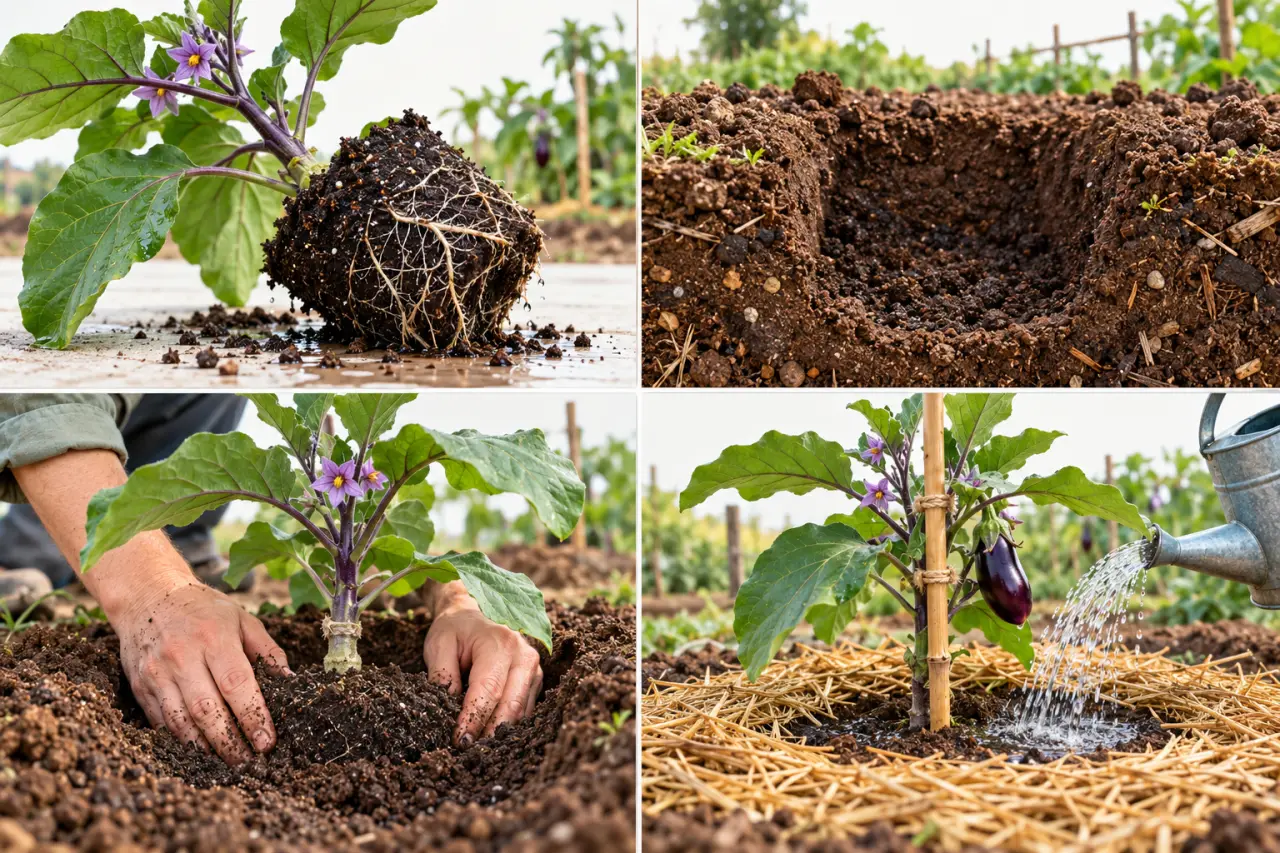 Illustration des étapes pour planter des aubergines au potager, du trou de plantation au paillage