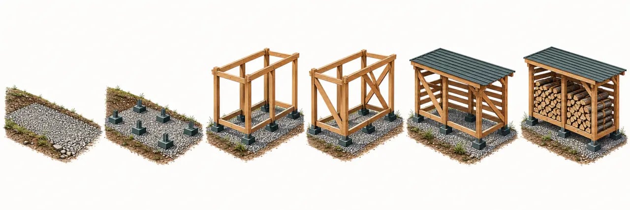 Étapes pour construire un abri pour bois avec plancher surélevé, toiture inclinée et ventilation