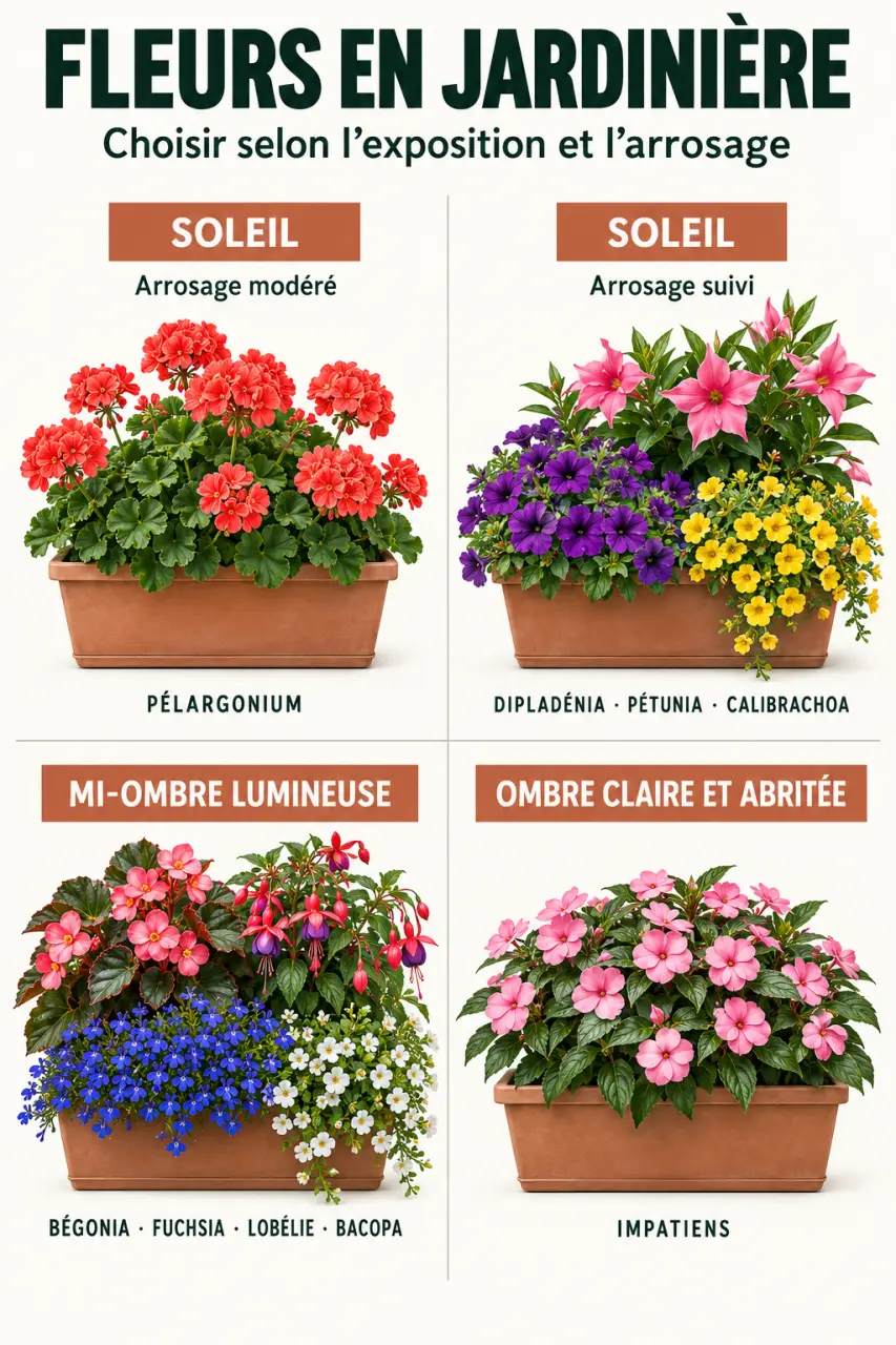 Infographie des fleurs pour jardinière selon l’exposition et l’arrosage