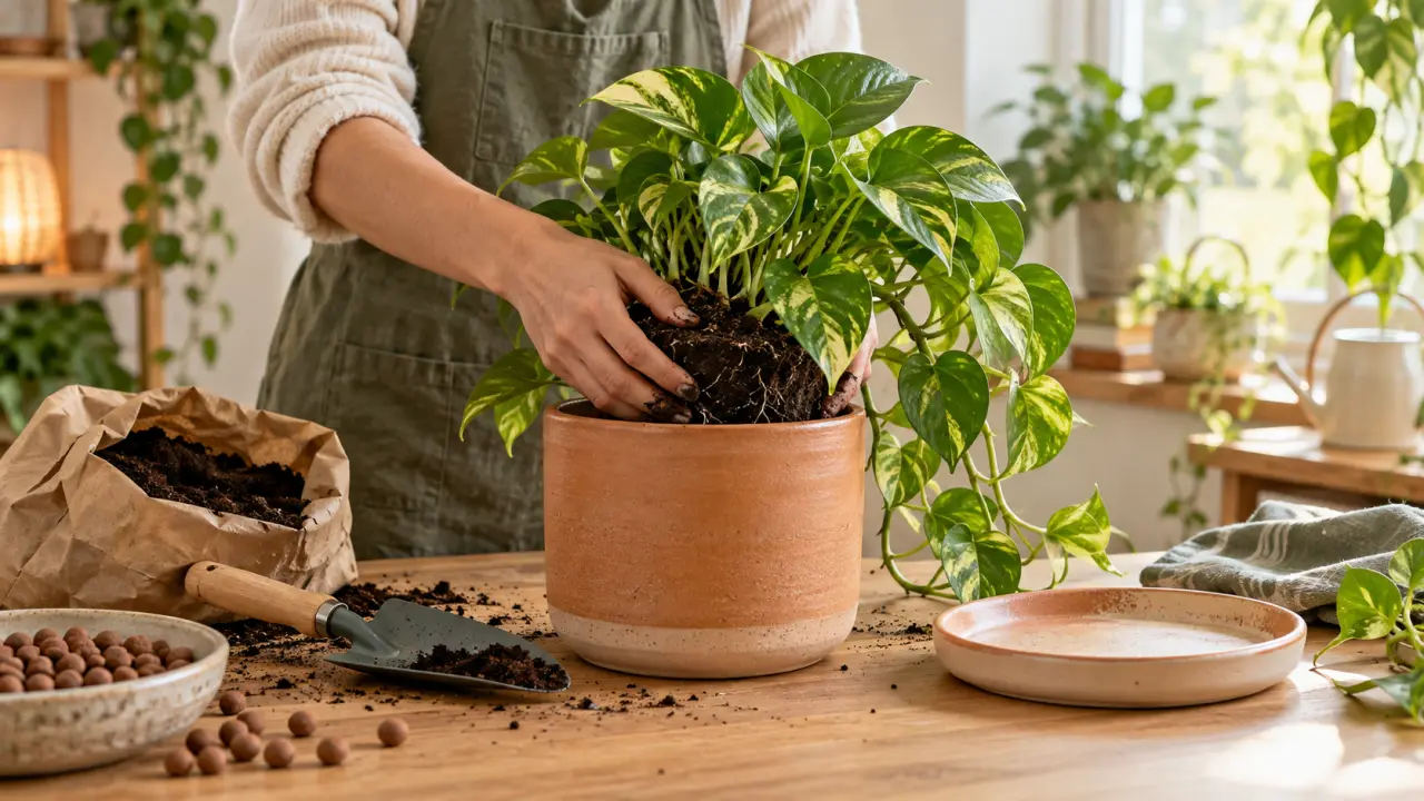 Rempotage d'un pothos dans un pot en céramique sur une table lumineuse