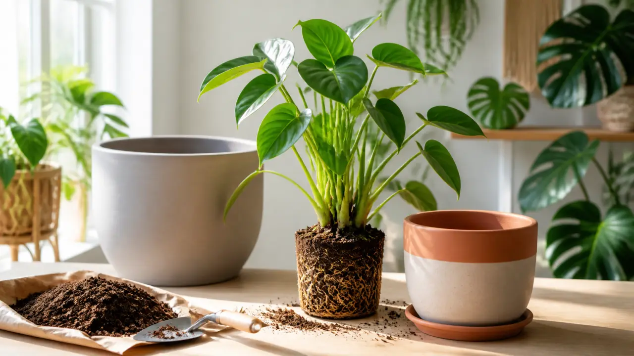 Plante d'intérieur rempotée avec soin dans un pot en céramique élégant