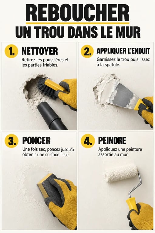 Étapes pour reboucher un trou dans le mur avec enduit, ponçage et peinture