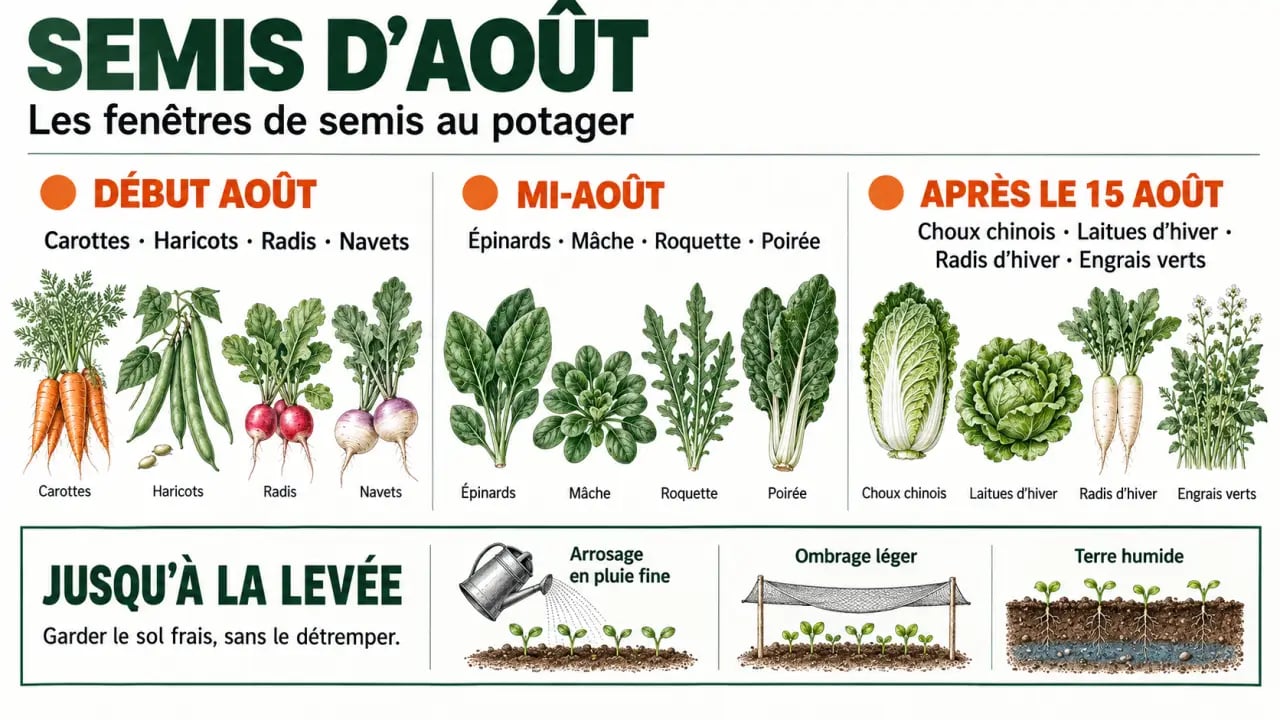 Infographie pratique sur les semis aout au potager selon la période du mois