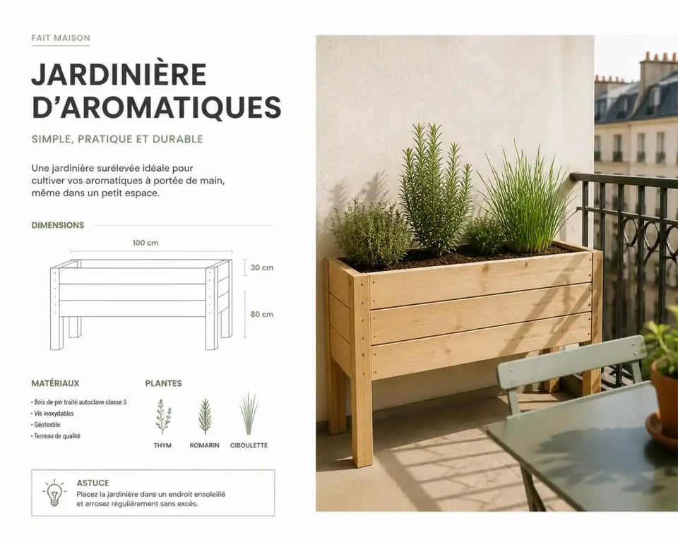 Jardinière en bois fait maison plantée d'aromatiques sur un balcon