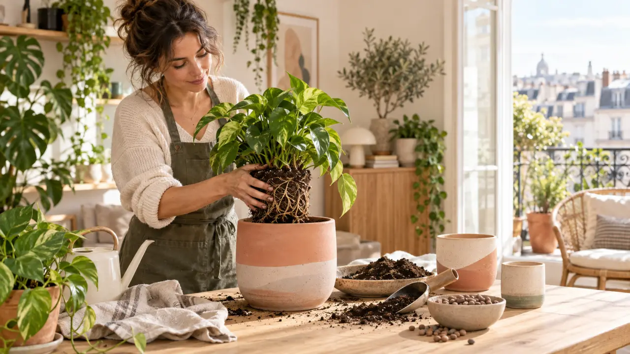 Rempotage délicat d’une plante d’intérieur dans un pot en céramique