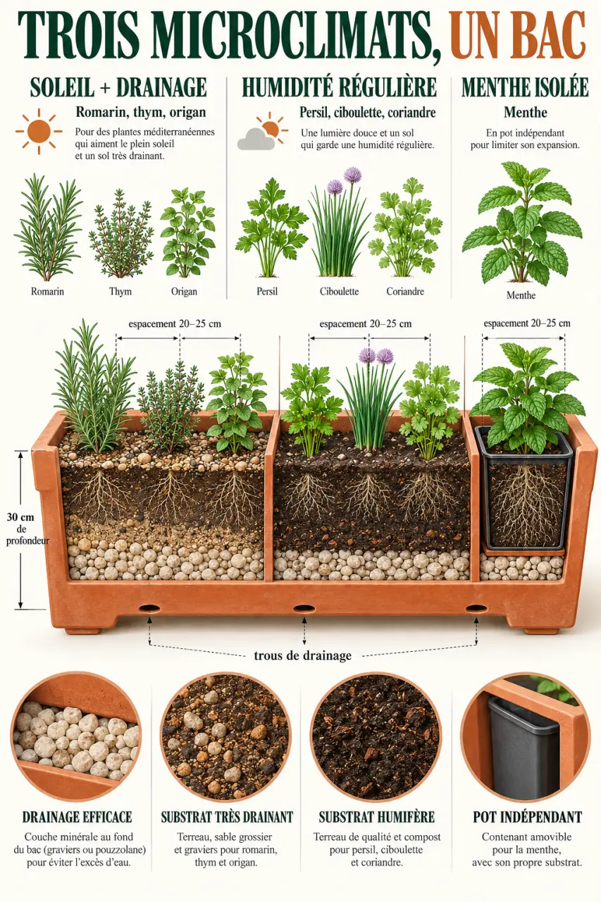 Jardinière aromatique avec associations de plantes selon l’exposition, l’humidité et le drainage
