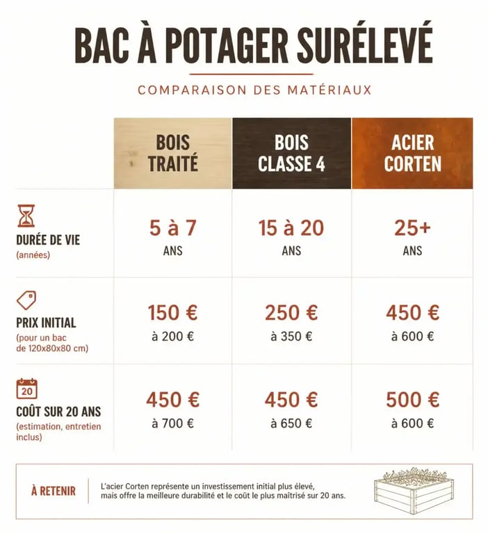Infographie comparative des matériaux pour bacs à potager : bois traité, bois classe 4 et acier Corten
