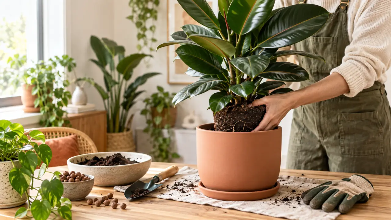 Rempotage d'un ficus dans un pot en céramique sur une table lumineuse
