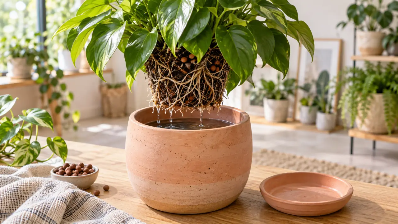 Plante d'intérieur dans un pot en céramique posé sur une table lumineuse