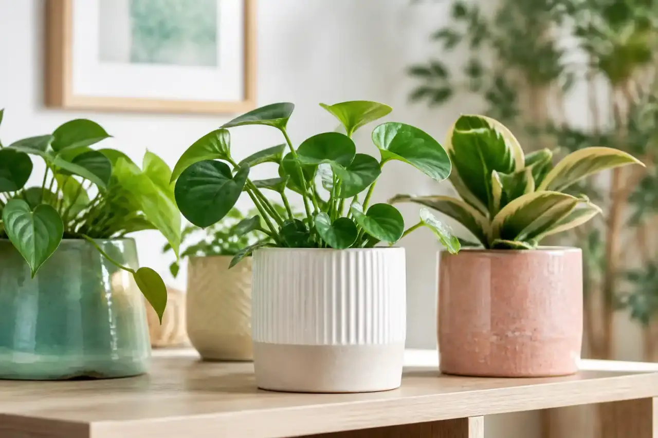 Cuisine lumineuse avec des pots en céramique colorés contenant des plantes d'intérieur