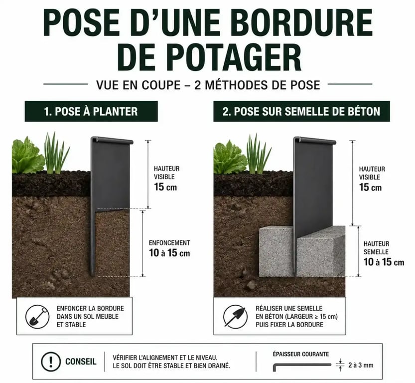 Schéma technique des méthodes de pose d'une bordure potager