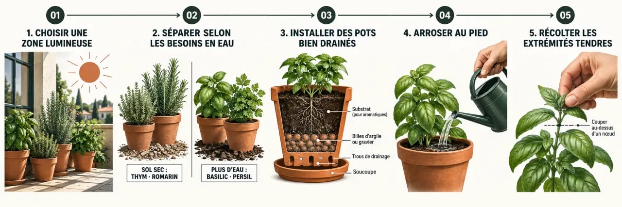 Étapes pour créer un potager aromatique avec choix de l’exposition, plantation, arrosage et récolte